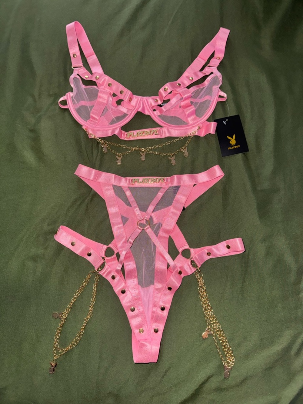 PLAYBOY Pink Sheer Mesh Lingerie Set with Gold Chains